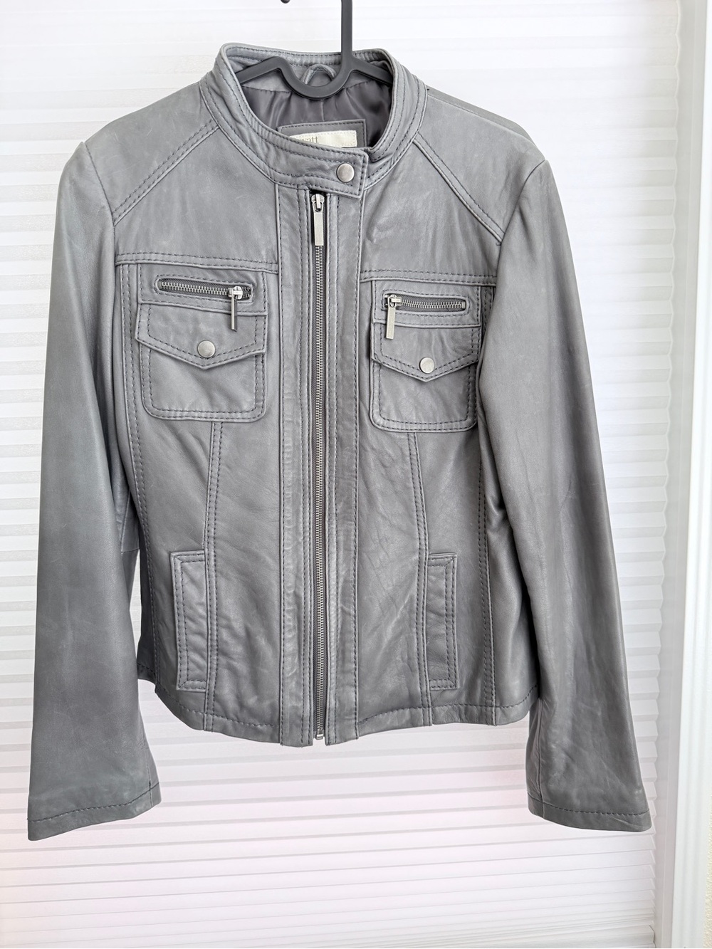 Classic Gray Leather Jacket - Women's Zip Front